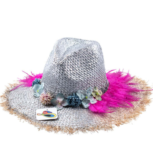 Sombrero de Rafia Plumas Fucsia