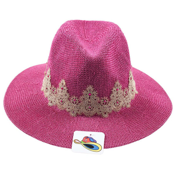 Sombrero con encajes y piedras Swarovski Fucsia y Café