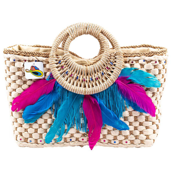 Bolso de Playa con plumas azules y fucsias
