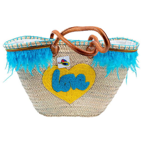 Capazo en palma natural Blue LOVE con plumas y piel